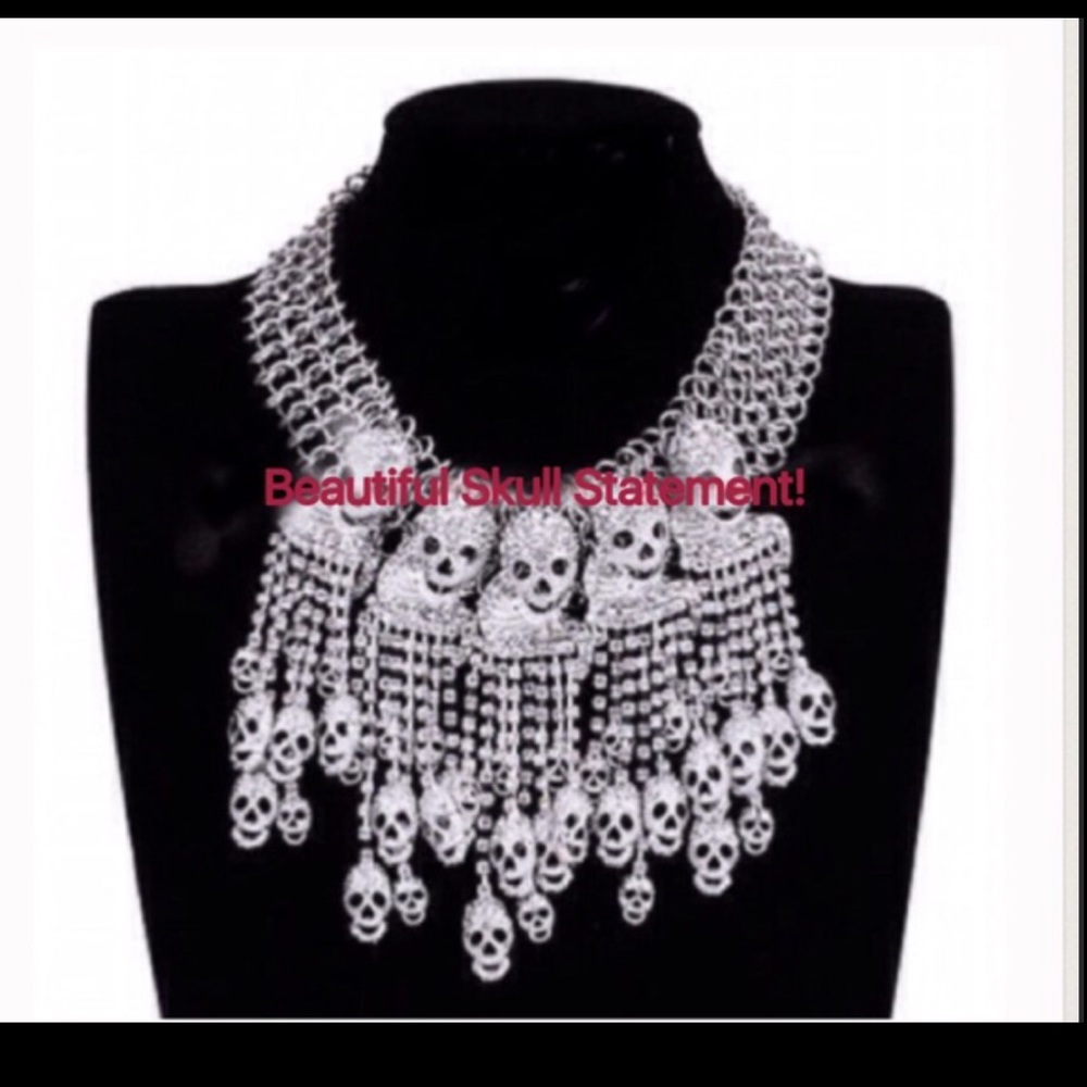 Silver Skull Crystal Enhanced Statement Necklace. - image 1